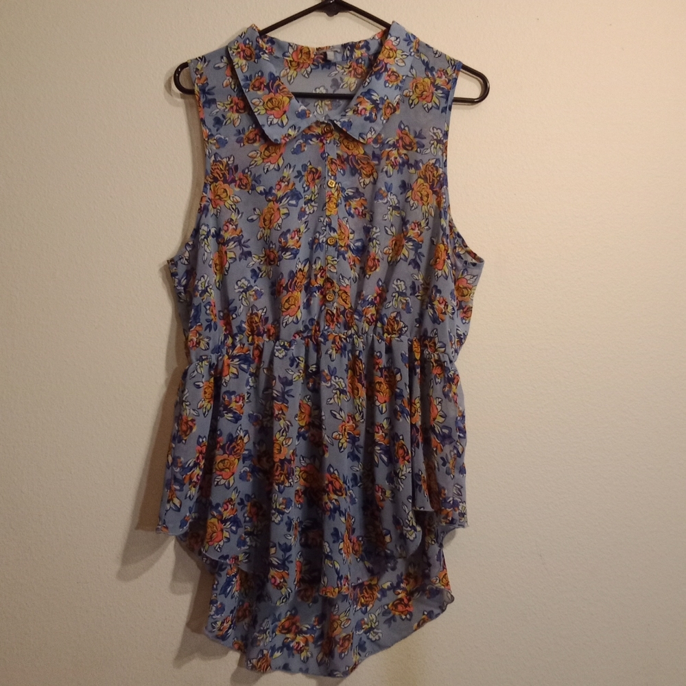 Charlotte Russe sheer blue floral button up high low top size XL